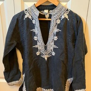 J Crew Navy Tunic with White Embroidery